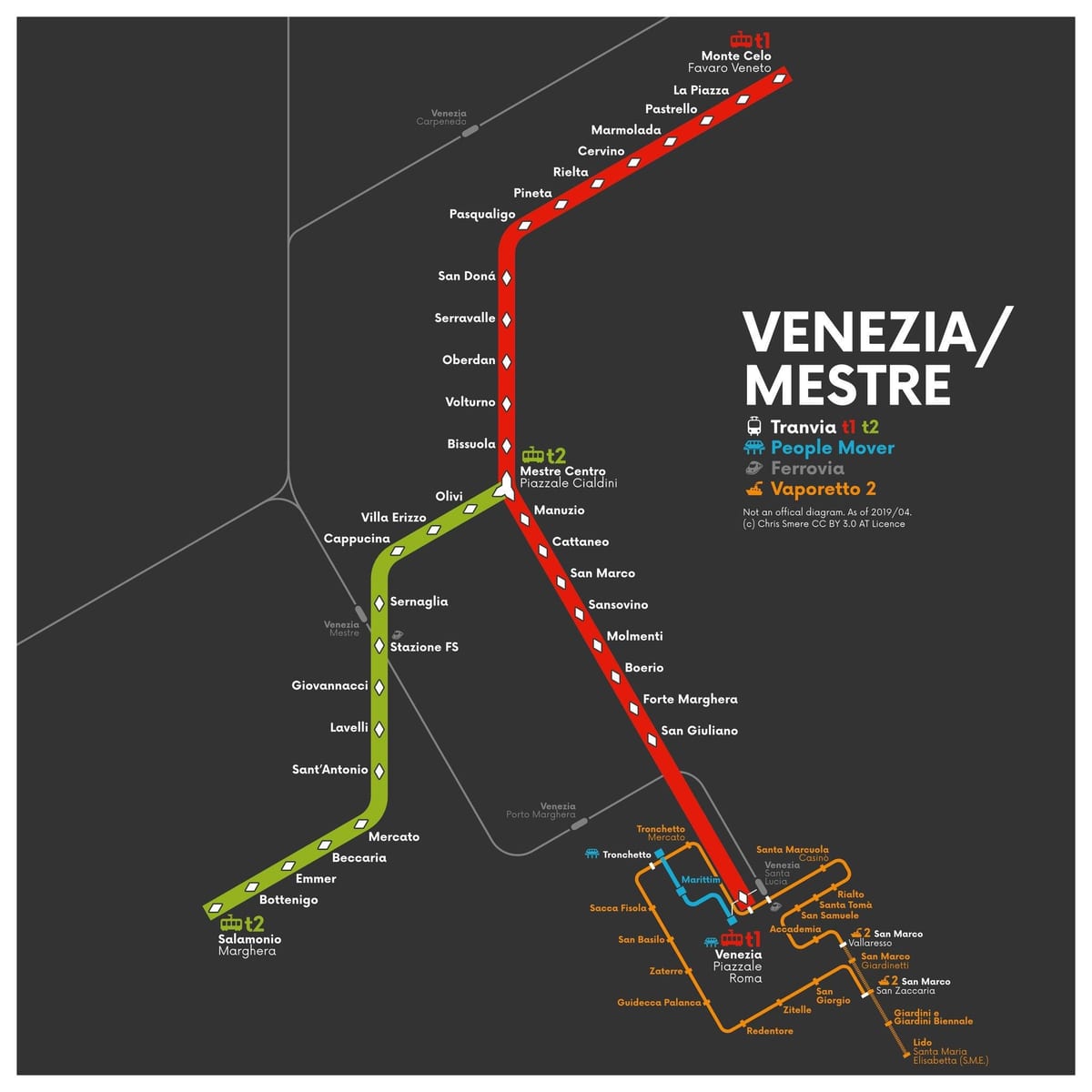 地図のヴェネツィアの路面電車